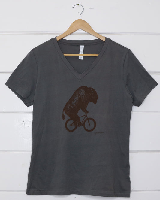 Bison Women's Grey V-Neck T-Shirt Front