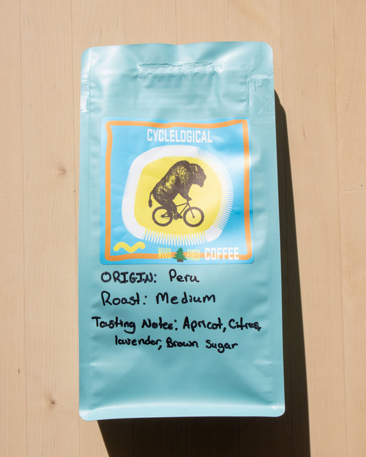 Single origin, medium roast Peruvian coffee in a blue bag with Cyclelogical Logo