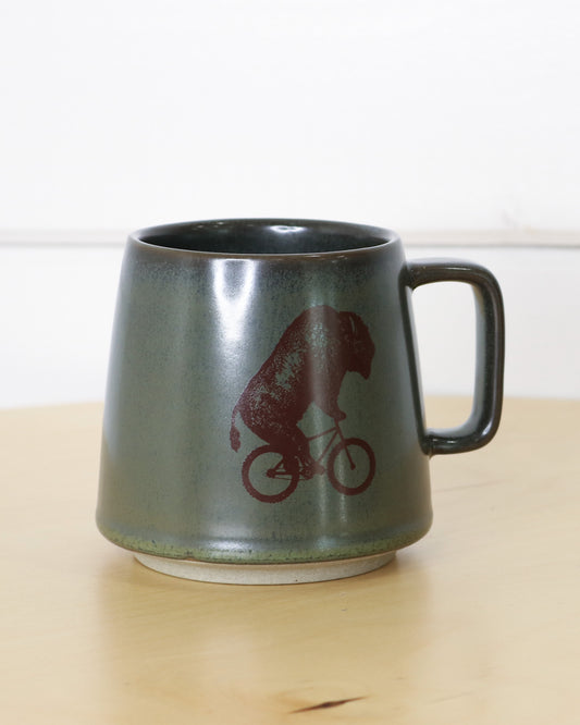 Earthy Green Ceramic Mug With Handle and Biking Bison Logo, Front