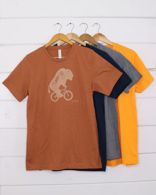 Bison Unisex T-Shirt Rust, Blue, Grey, and Orange.