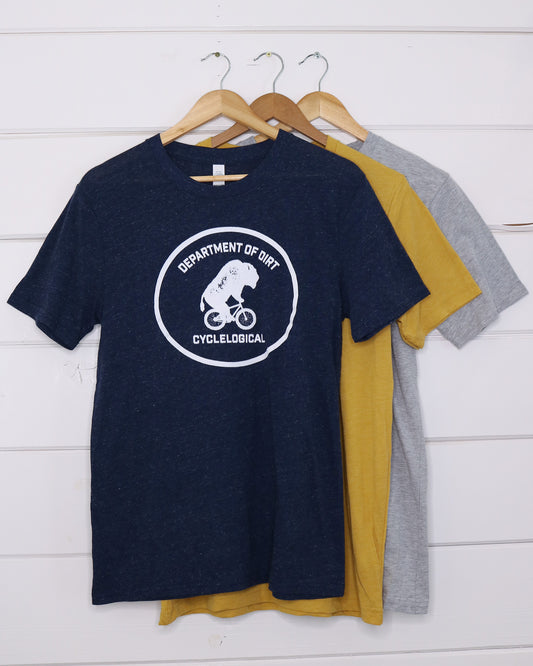 Department of Dirt Unisex T- Shirt Blue, Yellow, and Grey.