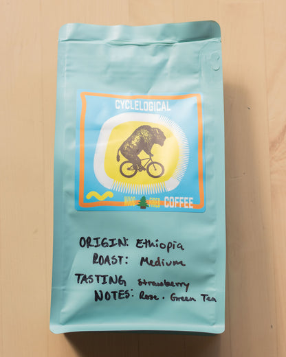 Single origin, medium roast Ethiopian coffee in a brown bag with Cyclelogical Logo