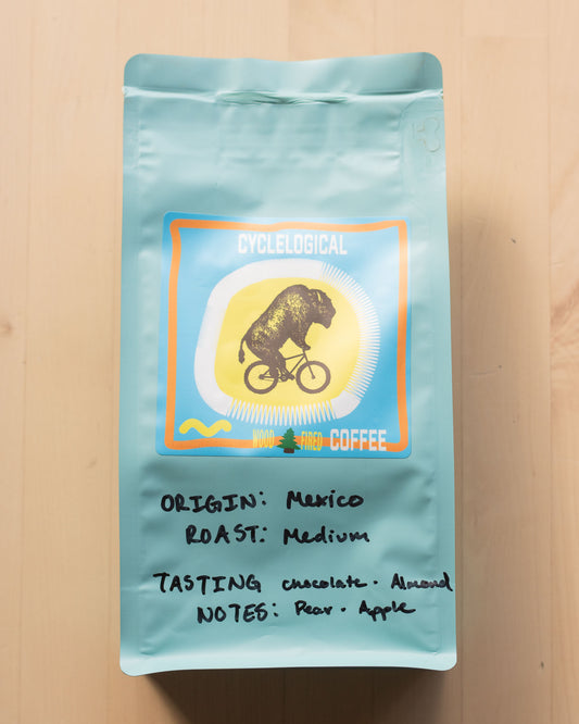 Single origin, medium roast Mexican coffee in a brown bag with Cyclelogical Logo