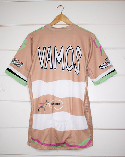 Vamos Mountain Bike Jersey with donkey saying "I like to ride bikes", and sombrero, and "HEE-HAW" on the sleeve Back
