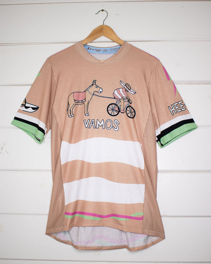 Vamos Mountain Bike Jersey with a man on a bike pulling a donkey, sombrero on one sleeve, and "HEE-HAW" on the other, front